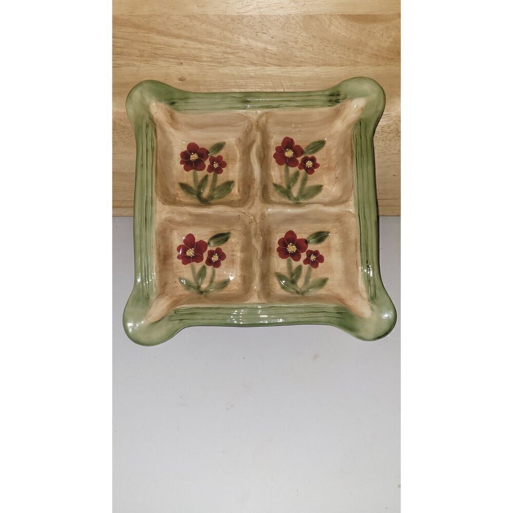Fleur Rustique by Ambiance 4 Part Relish Tray Nanette Vacher Red Poppies